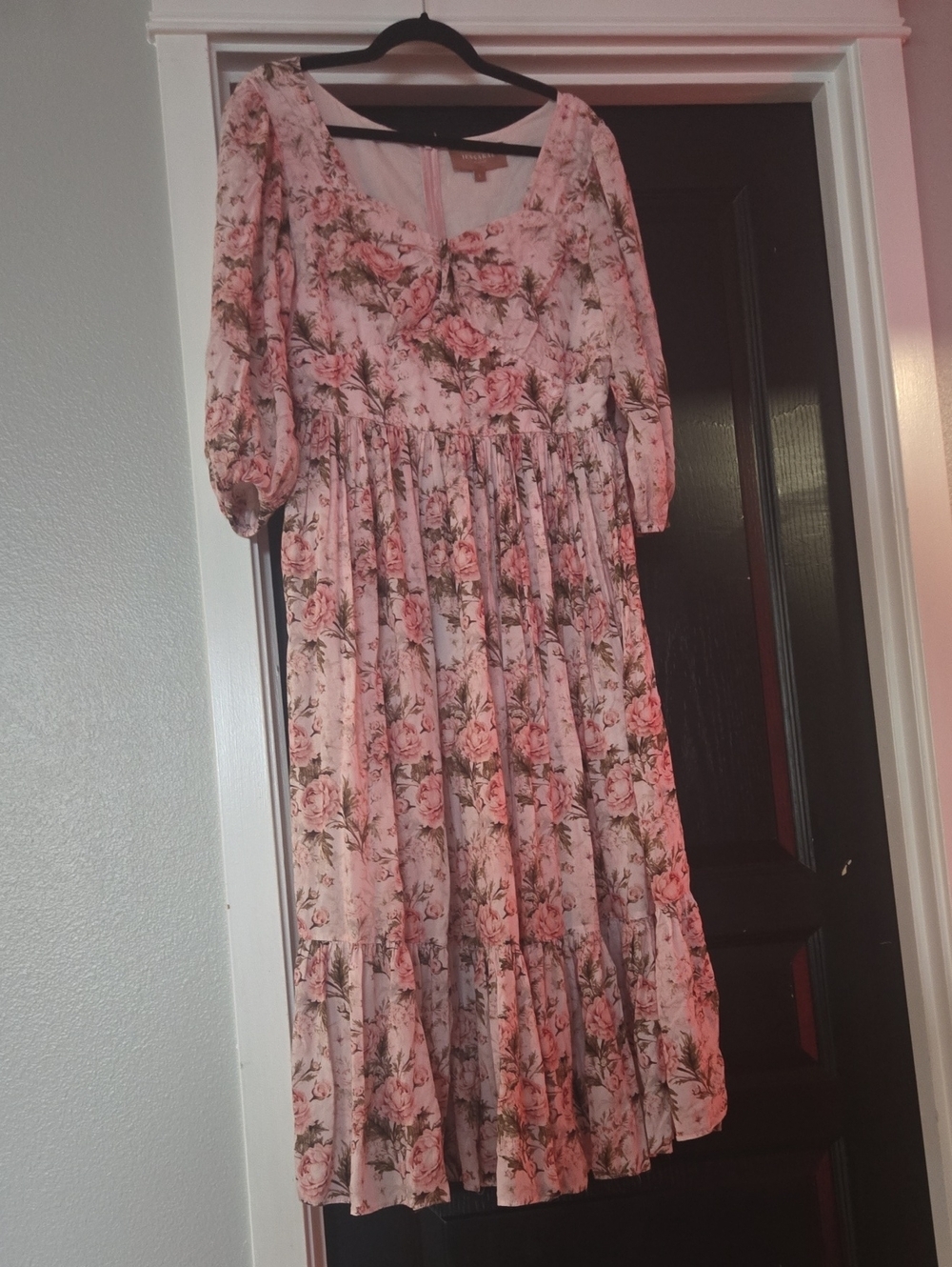 JessaKae Freshly Picked Pink Rose Print Midi Dress with Puff Sleeves Size Large - Picture 1 of 7